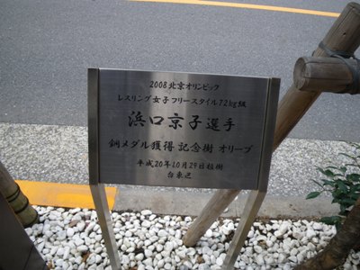 柳通り　浜口京子選手　銅メダル獲得　記念樹　オリーブ