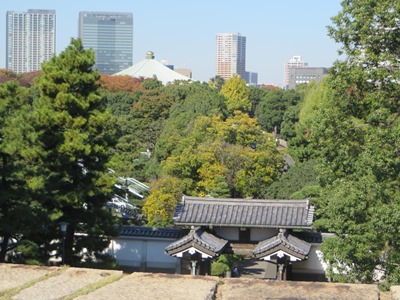 皇居 東御苑 天守台から見た北桔橋門、武道館